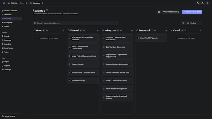 A visual of the Roadmap Management dashboard view