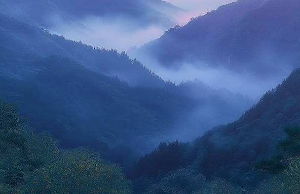 Fog rolling over blue mountain peaks, evoking clarity and elevation