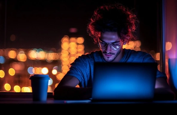 Man working late at night on a laptop